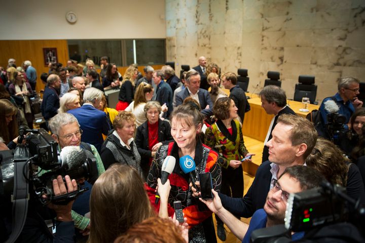 Urgenda director Marjan Minnesma speaks to reporters after her organisation's landmark legal win